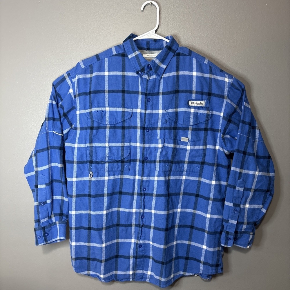 Columbia Sportswear PFG Blue‎ Plaid Flannel Lined Shirt Men's Large Cotton
